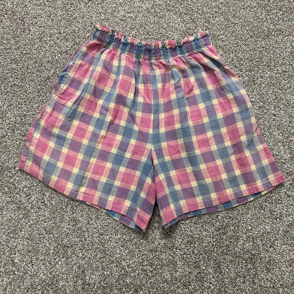 Vintage Daisy Plaid Shorts Womens Small Multicolor Flannel Elastic Waist Summer